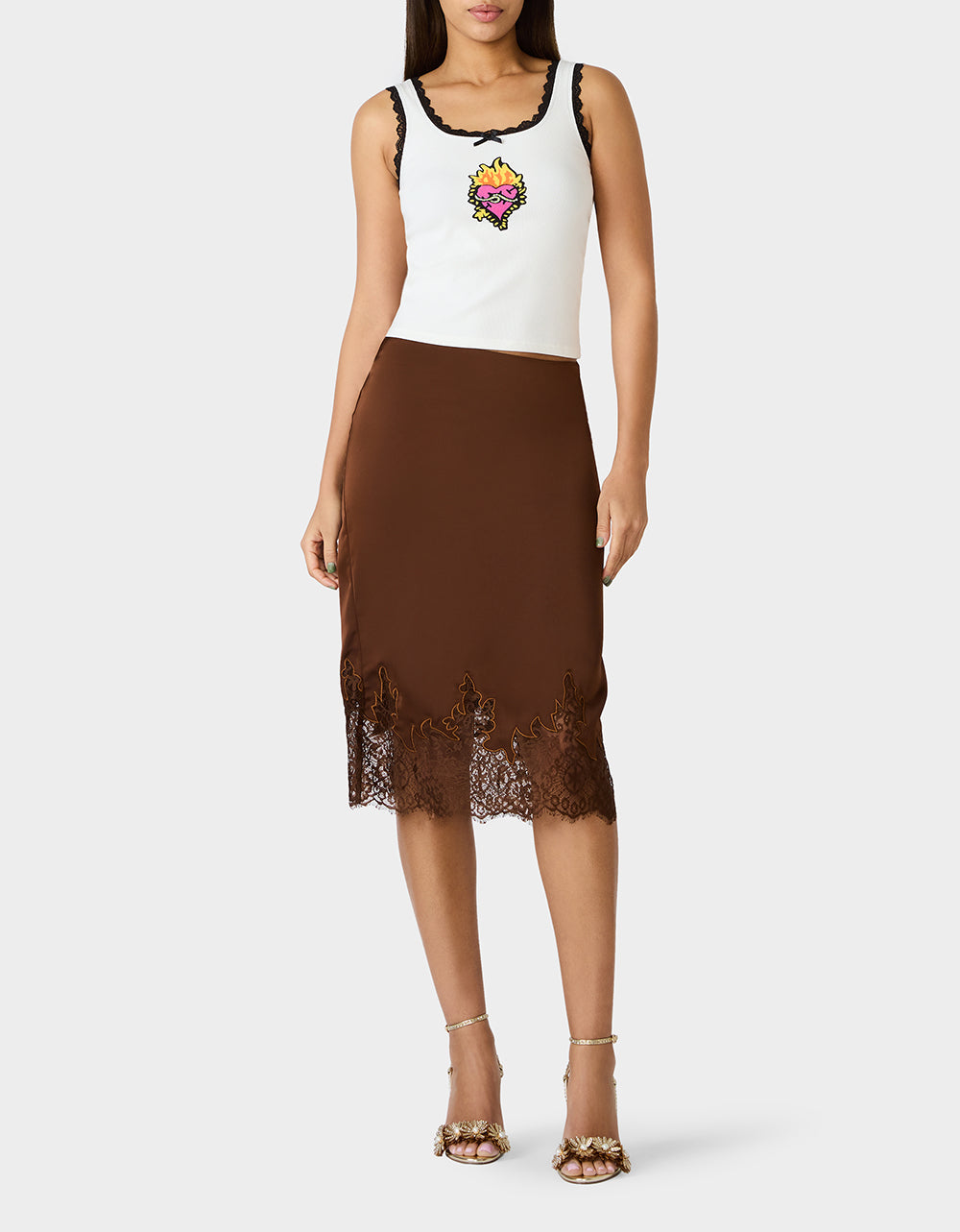 LACE SLIP SKIRT BROWN